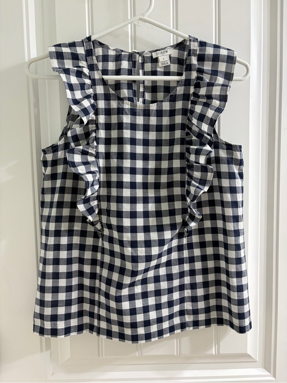 J. Crew Navy and White Gingham Sleeveless Top with Ruffle Detail